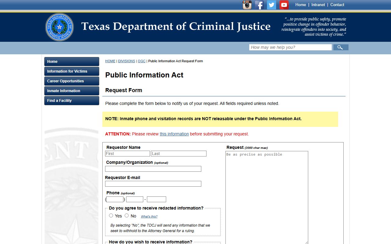 Texas jail mugshots TDCJ public information request form