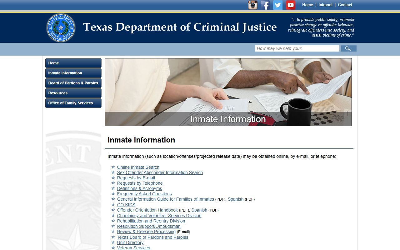 Texas TDCJ inmate information hub for statewide inmate search