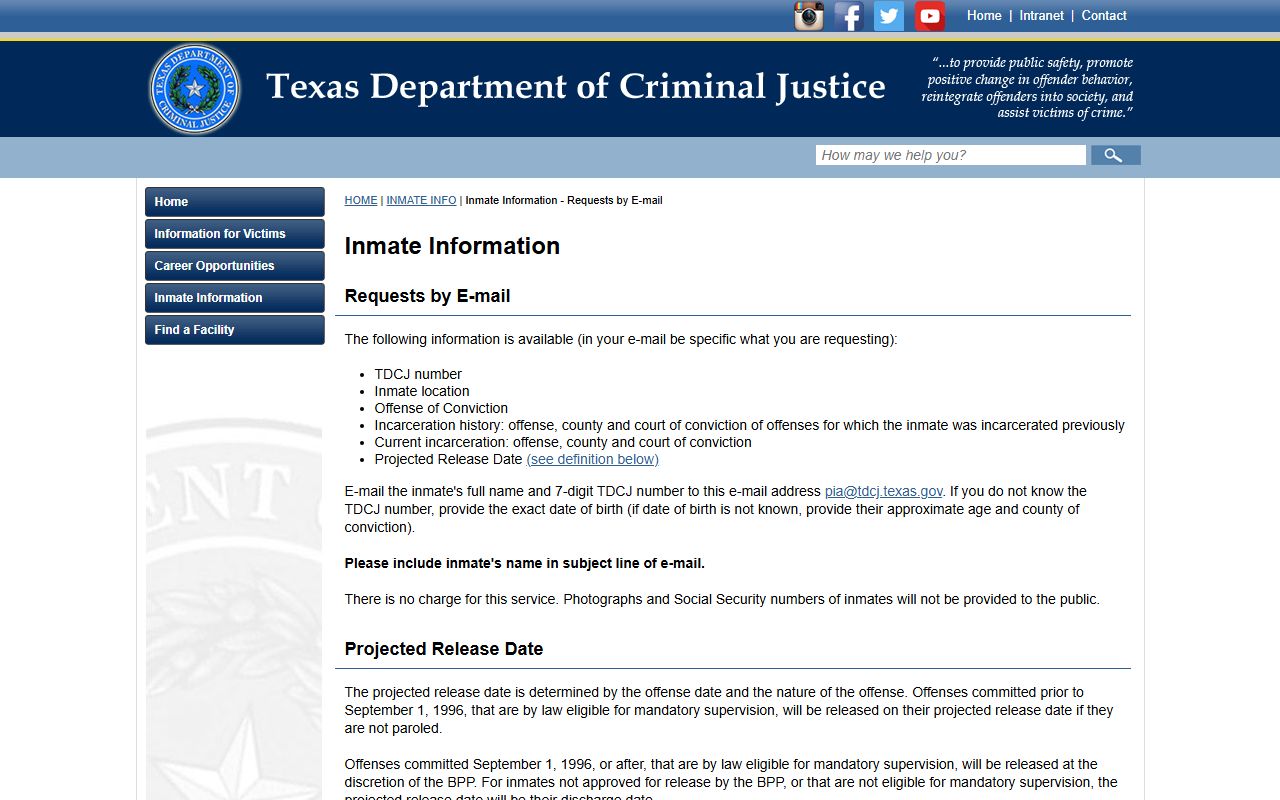 Texas inmate records TDCJ email request information
