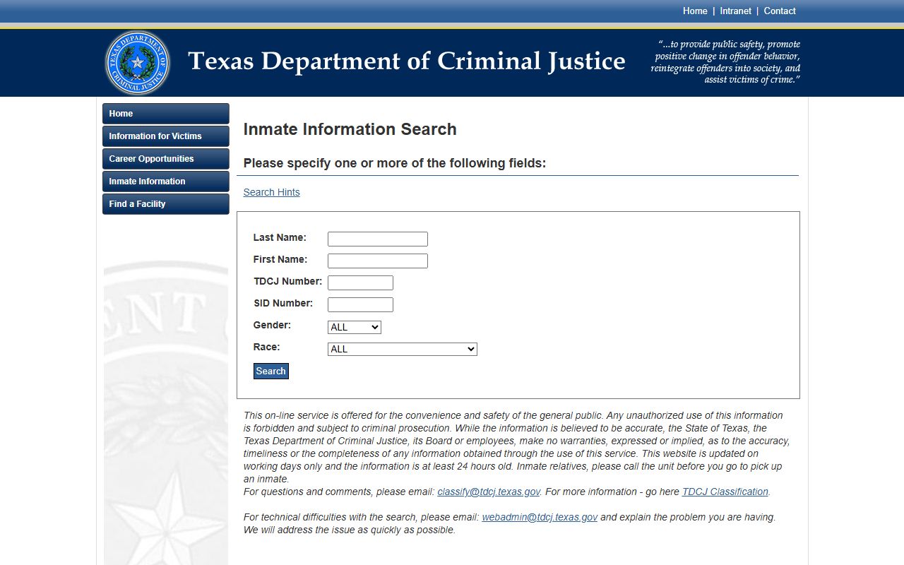 Texas TDCJ inmate locator for state prisoner search