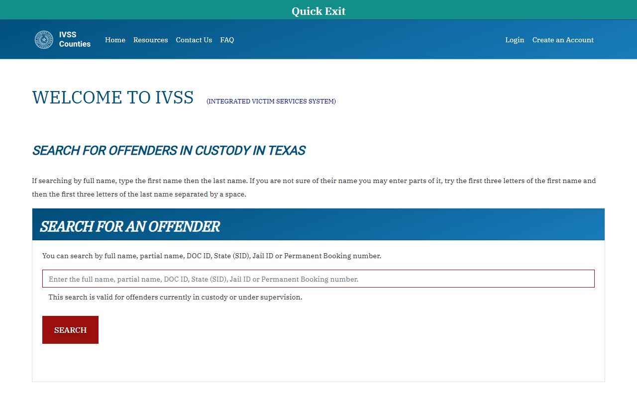Texas IVSS Counties inmate notification portal